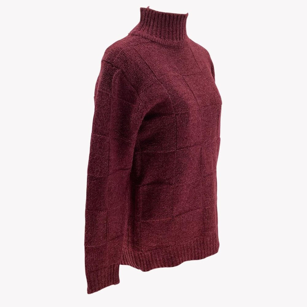Ann Taylor Womens Burgundy Turtleneck Sweater Petite L Textured Checkered Knit - Picture 2 of 6